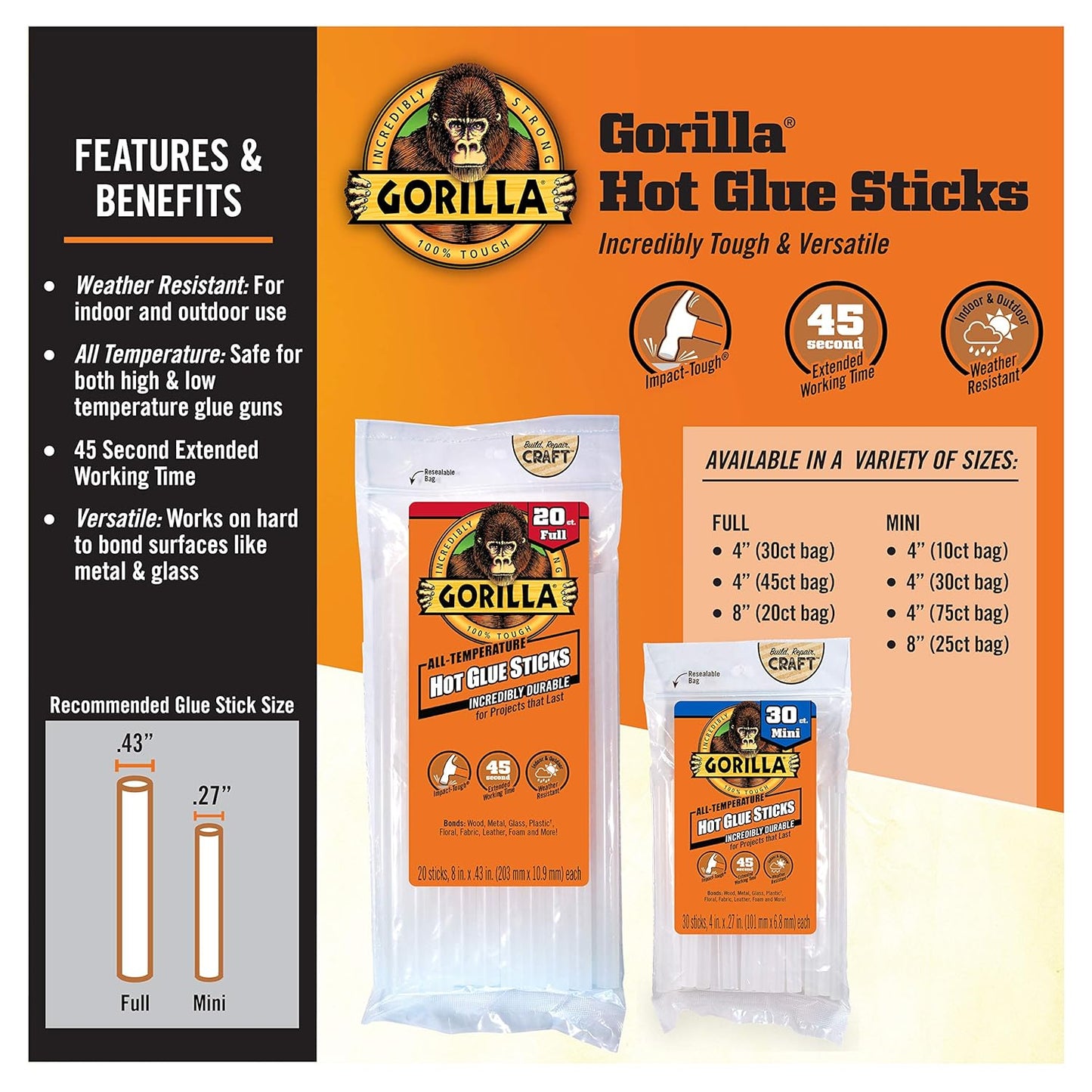 Gorilla Hot Glue Sticks, Clear Glue, Mini Size 4" Long x 0.27" Diameter, 75 Count (Pack of 6) - Safe for All Temperatures with Extended Working Time