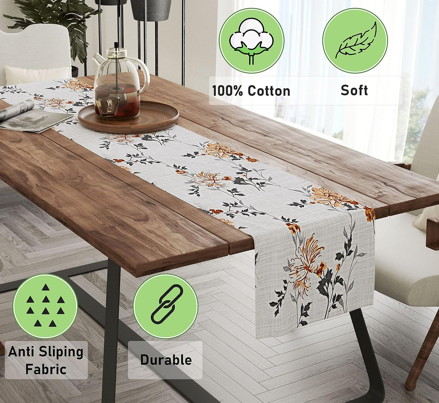 Ruvanti 100% Cotton Table Runner 72 Inches Long, Non-Slip, Stain Resistant, Washable & Reusable Table Runners Perfect for Wedding, Parties, Christmas, Holiday, in-Door use - Grey Floral