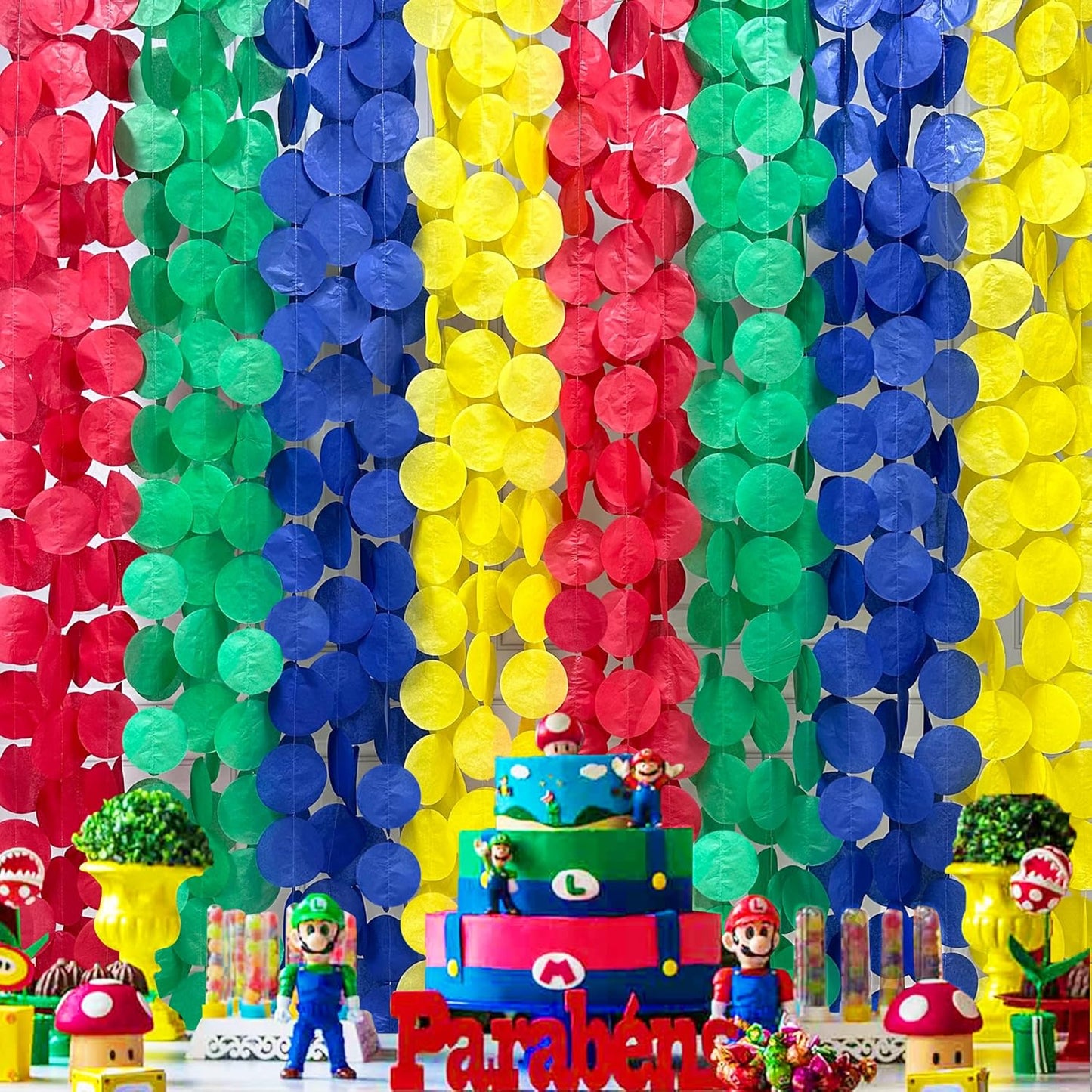 205Ft Super Mario Party Decorations Red Green Blue Yellow Big Polka Dot Tissue Paper Backdrop Streamer Circle Dot Hanging Garland for Birthday Baby Shower Carnival Circus Clown Fiesta Colorful Party