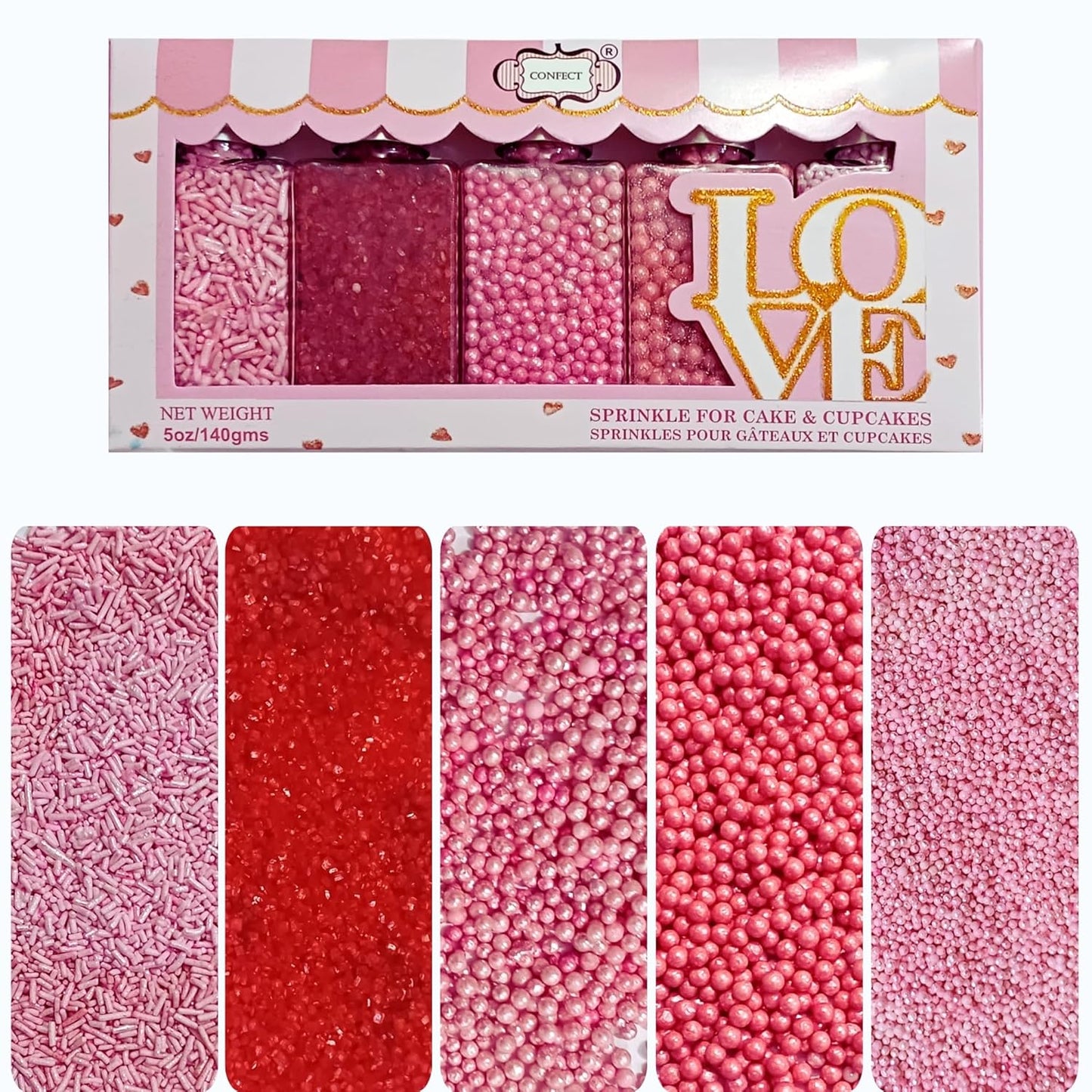 Confect Sprinkles for Cakes & Cupcakes Decoration Assorted pack of 5 Pink Pop Sprinkles Mix Blush Pink, Baby Suger & Coral Dragees Baby Pink Jimmies Vegan, Gluten-Free, Nut-Free, Soy-Free, Dairy-Free , Handcrafted Sprinkle- 5 Oz