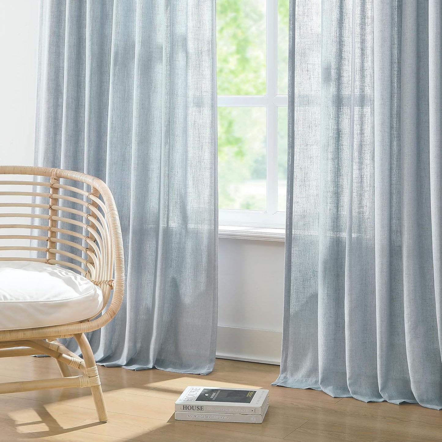 Vision Home Blue Fog Pinch Pleated Semi Sheer Curtains Textured Linen Blended Light Filtering Window Curtains 120 inch for Living Room Bedroom Pinch Pleat Drapes with Hooks 10ft 2 Panels 40" Wx120 L