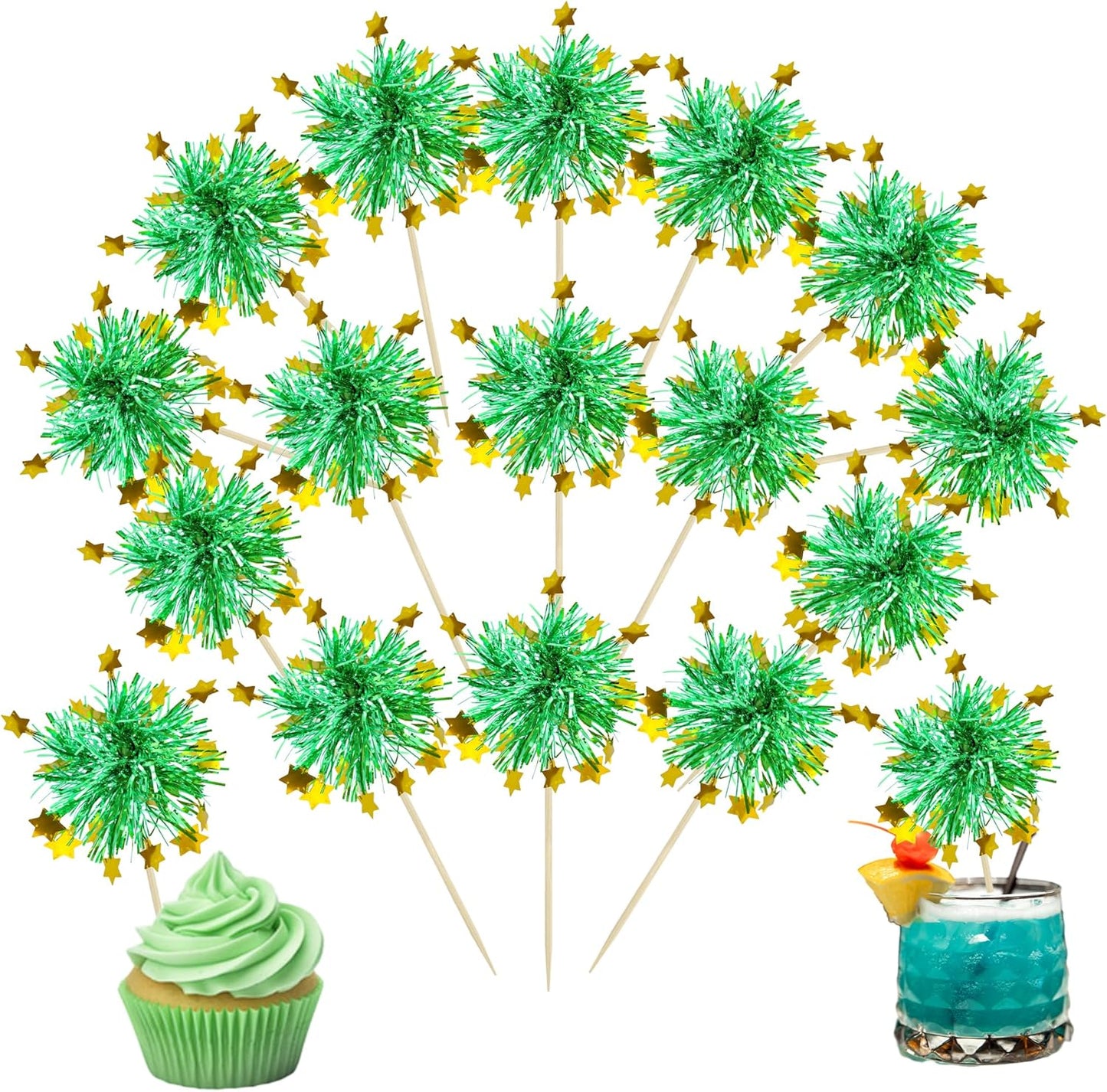 Ephlyn 30Pcs Foil Firework Cupcake Toppers Happy Birthday Cake Toppers Tinsel Flower Drink Stirrers Cocktail Food Fruit Toothpicks for Valentine's Day Party Decorations Green