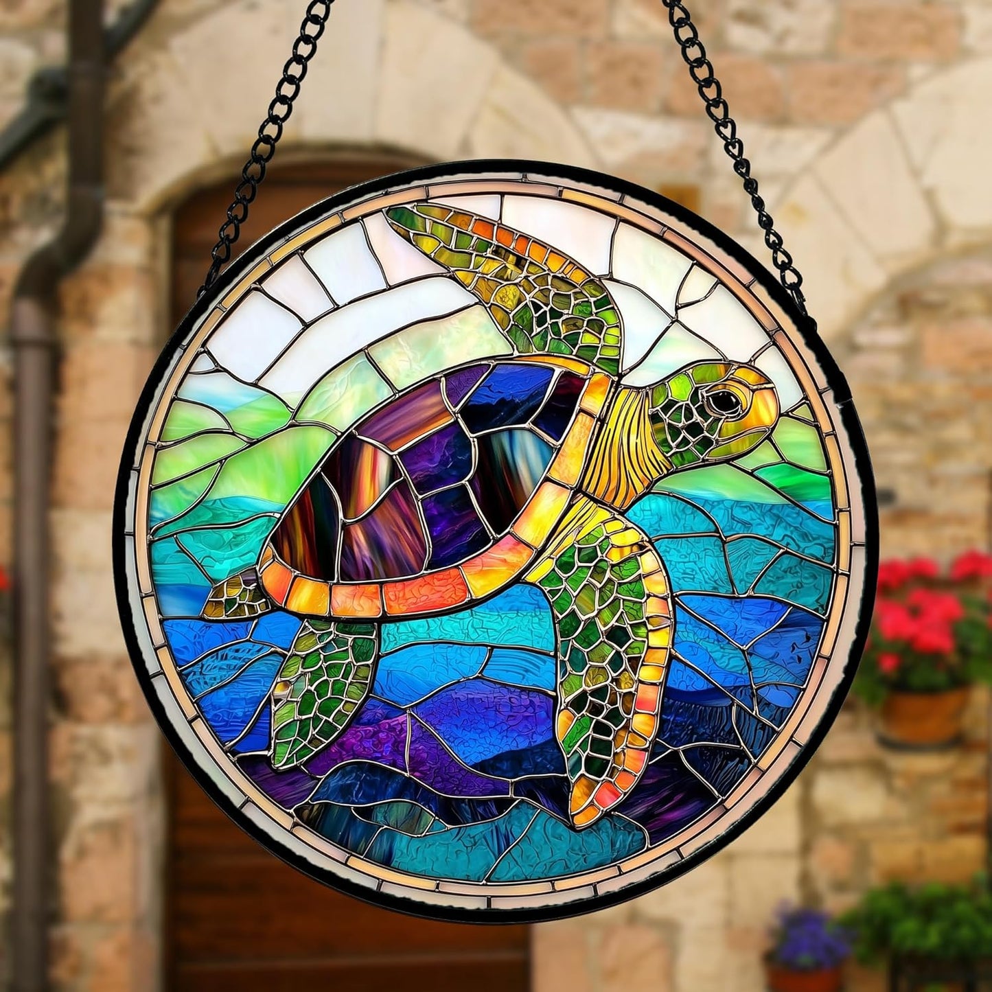 Stained Glass Window Hanging, Colored Turtle Ocean Suncatcher Diamond Glass Panel Hangings Marine Life Sun Catchers Decor for Birthday for Women, Men, Wife, Aunt, Mom 11.8 in