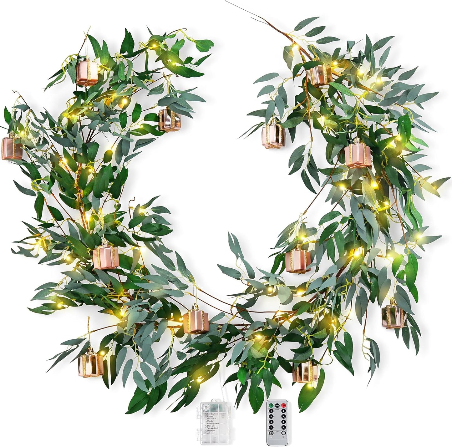 Artificial Willow Garland with Battery String Lights & Pink Gift Box Ornaments – 2-Pack Lighted Greenery Vine, with Remote for Mantels, Weddings, Fireplace, Holidays, Parties & Everyday Home Decor
