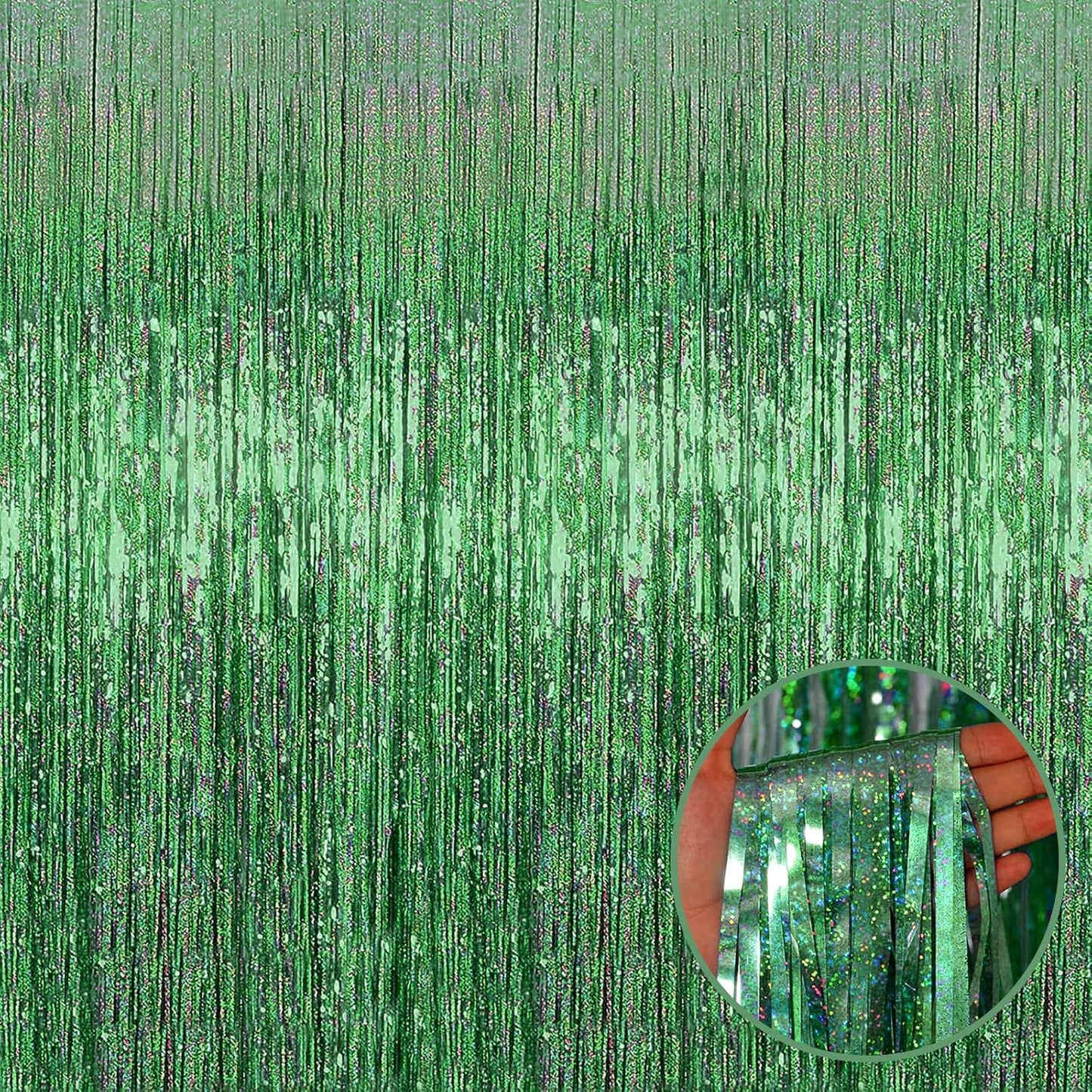 4 Pack Light Green Tinsel Foil Fringe Curtain Backdrop, 3.28Ft x 8.2Ft Metallic Streamers for Photo Booth Props Wedding Bridal Shower Bachelorette Birthday Halloween Christmas Party Decoration