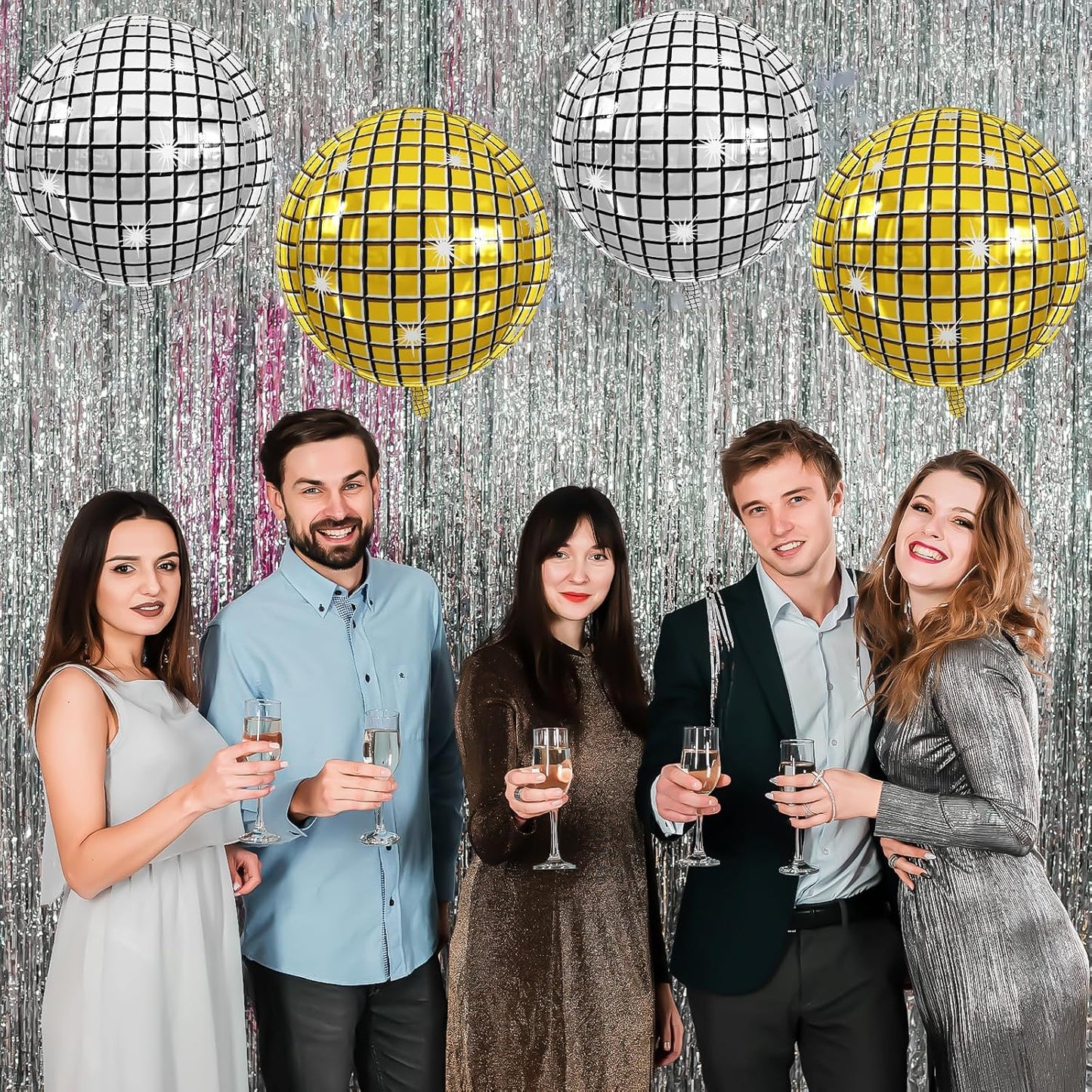 Disco Ball Balloons Gold Silver 4PC,Foil Disco Balloons 22 Inch 4D Round Metallic Gold Silver Balloon for 70s 80s Birthday Bachelorette Graduation Decorations