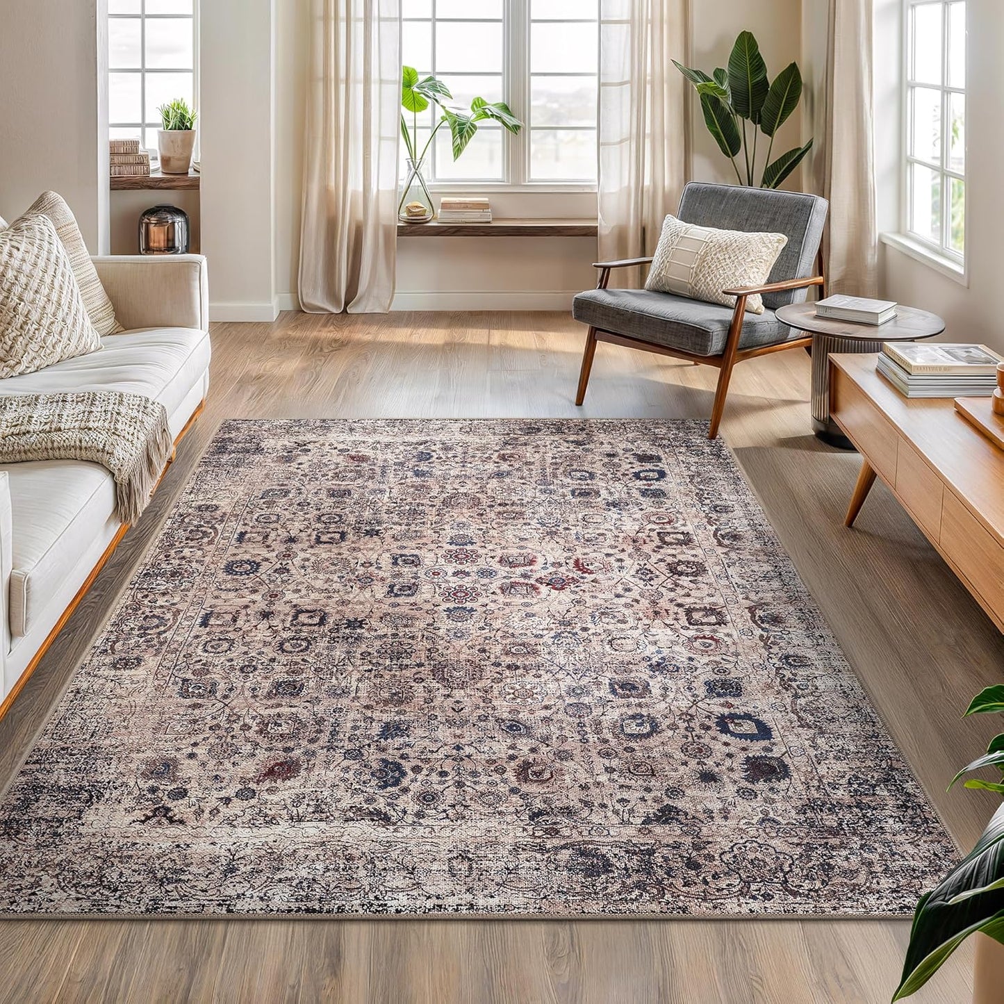 Bloom Rugs Washable Non-Slip 5' x 7' Rug - Light Tan/Blue Traditional Oriental Area Rug for Living Room, Bedroom, Dining Room, and Kitchen - Exact Size: 5' x 7'