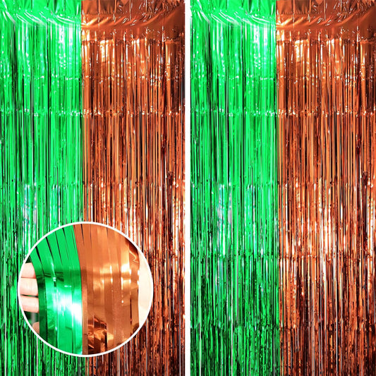 2 Pack Green and Brown Foil Fringe Backdrop Curtains, Tinsel Streamers Party Decorations, Fringe Backdrop, Door Shimmer for Super Bowl or Birthday Party