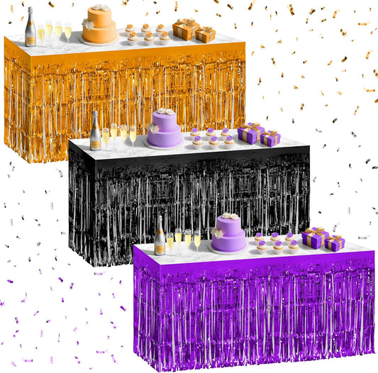 3 Pack Black Dark Purple Orange Table Skirts, 29x108" Metallic Foil Tinsel Fringe Table Skirt for Rectangle Tables Streamer Curtains Backdrop, Party Decorations for Birthdays, Weddings, Holidays