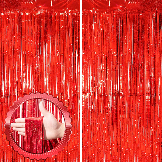 2 Pack Red Tinsel Foil Fringe Curtains, Red Party Decorations, Metallic Tinsel Party Streamers Backdrop for Birthday Casino Christmas Graduation Carnival Valentine's Party Decorations