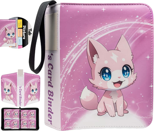 Cute Pink Trading Card Binder 4 Pocket for Girls Gifts - Includes Name Tag & Tab Stickers for Sorting - 440 Pockets Card Binders Zipper Album Book Holder - Baseball Football Sports Tcg Card Case