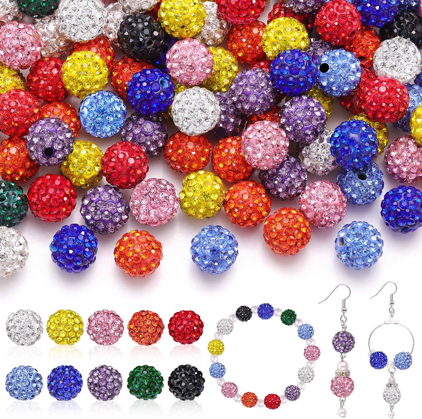 100 Pcs 10 Mixed Colors Rhinestone Beads for Jewelry Making, Sparkle Crystal Clay Christmas for Bracelet Baseball Necklace Earring Crafting and DIY, Shiny Round Shamballa Disco Ball Beads