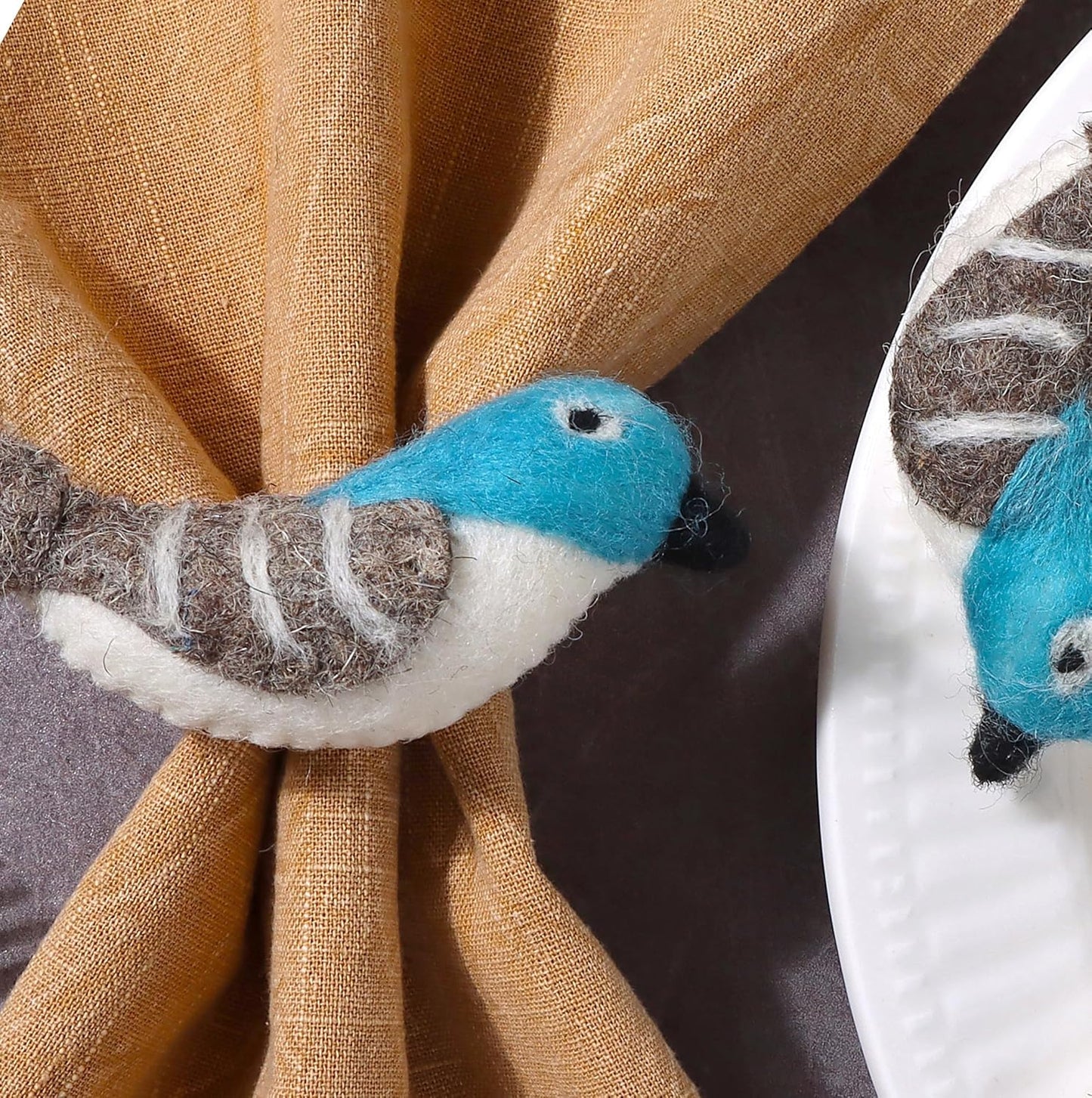 Wool Felt Napkin Ring Set of 8 - Bird Napkin Holder for Dining Table with Silver Electroplated Metal Base - Perfect for Spring, Holiday Parties, Rustic Event (White Blue Grey Black) - CLEENTABLE
