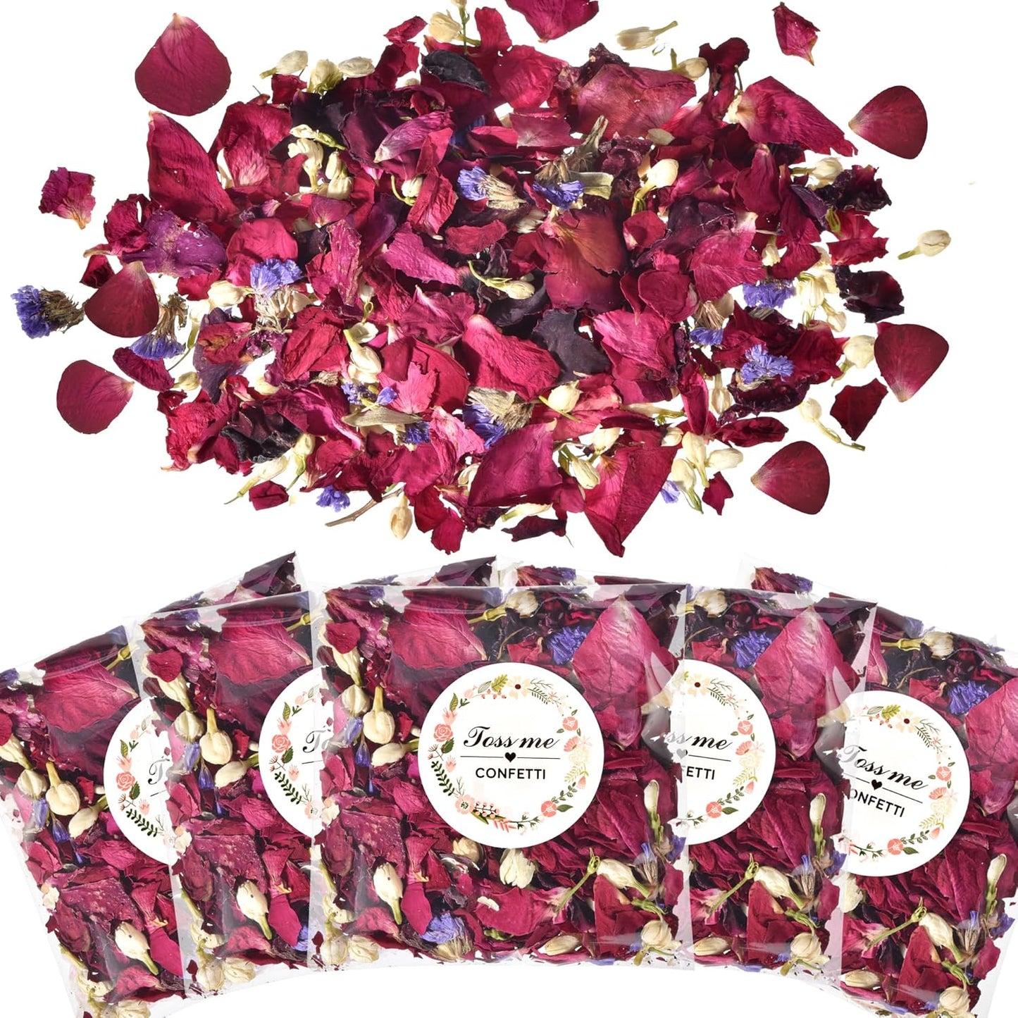 20 Pack Prefilled Confetti Packets,Biodegradable Flower Petals, Real Dried Flower Petals Individual Packing Rose Petals Wedding Send Off Ideas (Red Rose & Lavender & Lvory Jasmine Buds)