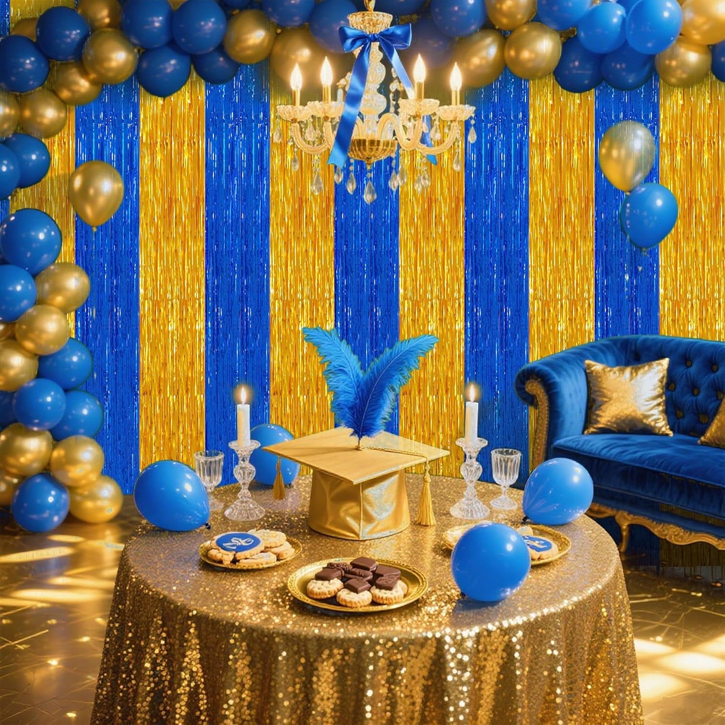 TONIFUL 2Pcs Blue Gold Door Streamers,Green Photo Booth Backdrop,Metallic Streamers Green Foil Fringe Curtains for Birthday,Christmas,New Year,St. Patrick's Day Party Streamers Decor