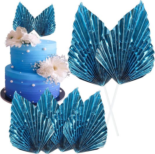 Gyufise 6Pcs Paper Palm Fan Cake Toppers Palm Spear Leaves Fan Cupcake Toppers Cake Insert Decorations Craft DIY Cake Bakeware Decoration for Birthday Party Wedding Party Decor Supplies Light Blue