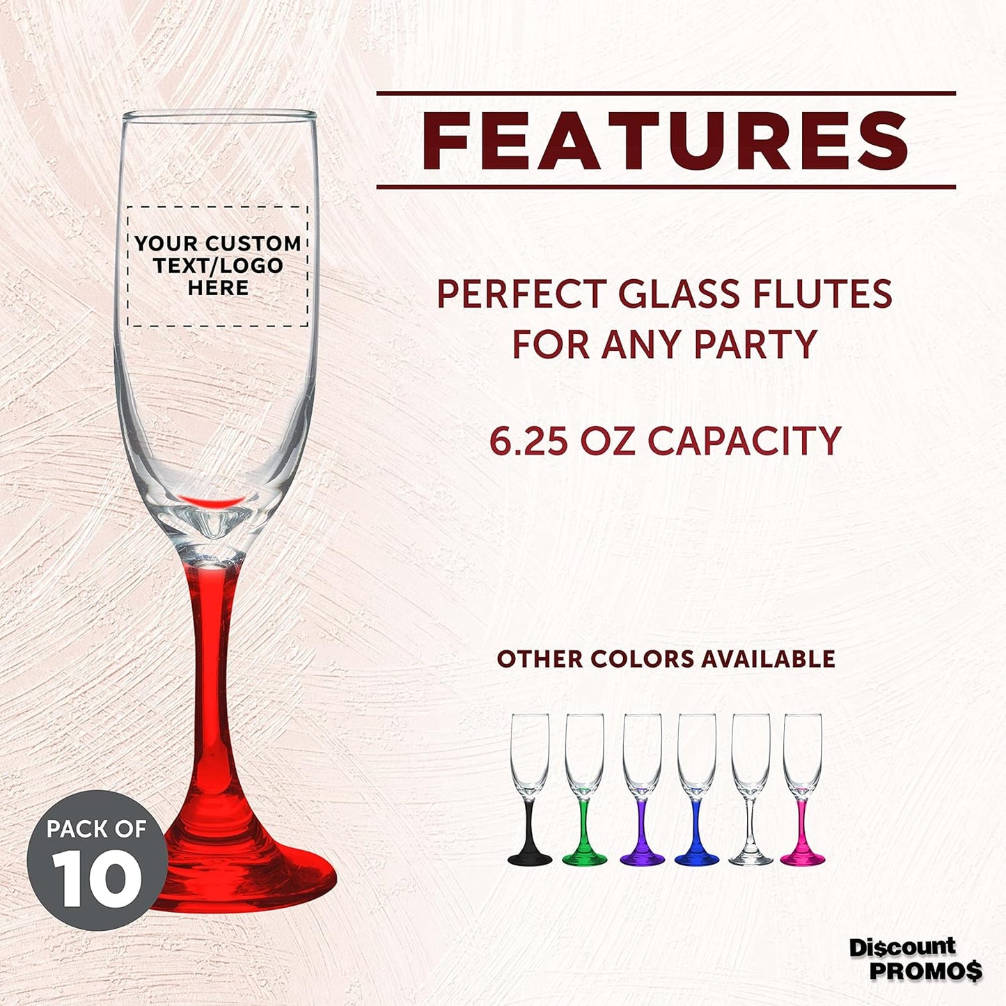 DISCOUNT PROMOS Custom Premiere Champagne Flutes 6.25 oz. Set of 10, Personalized Bulk Pack - Elegant Drinkware for Weddings, Events, & Promotional Gifts - Red