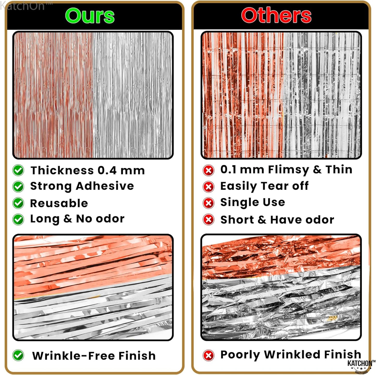 KatchOn, Large Silver and Rose Gold Fringe Backdrop, Pack of 2 | Silver & Rose Gold Streamers for Rosegold Birthday, Unicorn Party Decorations | Backdrop for Bachelorette, Bride Party Decoration