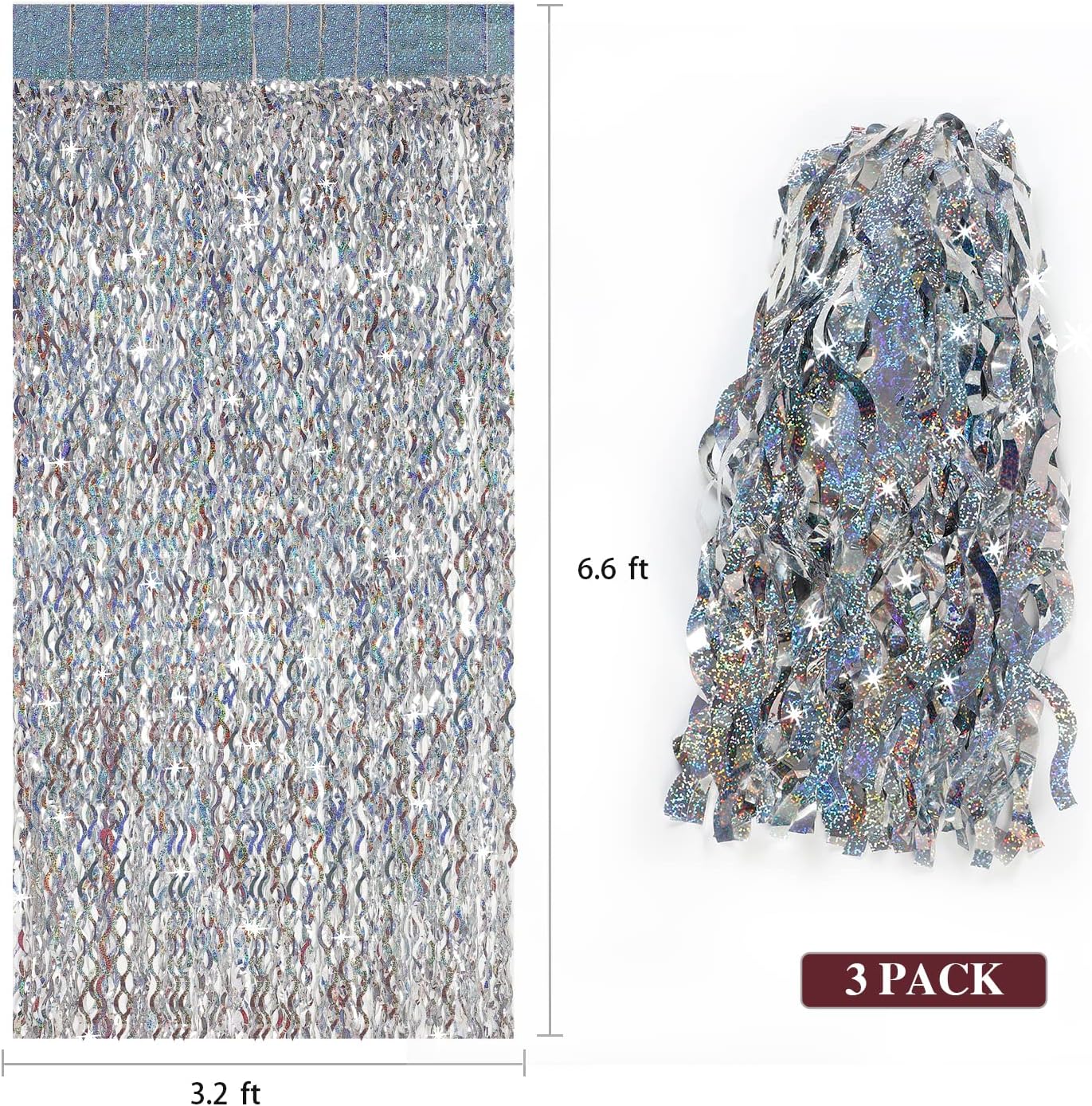 Silver Tinsel Backdrop- CYLMFC 3 Pack 3.3 ft x 6.6 ft Streamer Foil Fringe Curtain for Birthday Party Christmas Graduation Decor