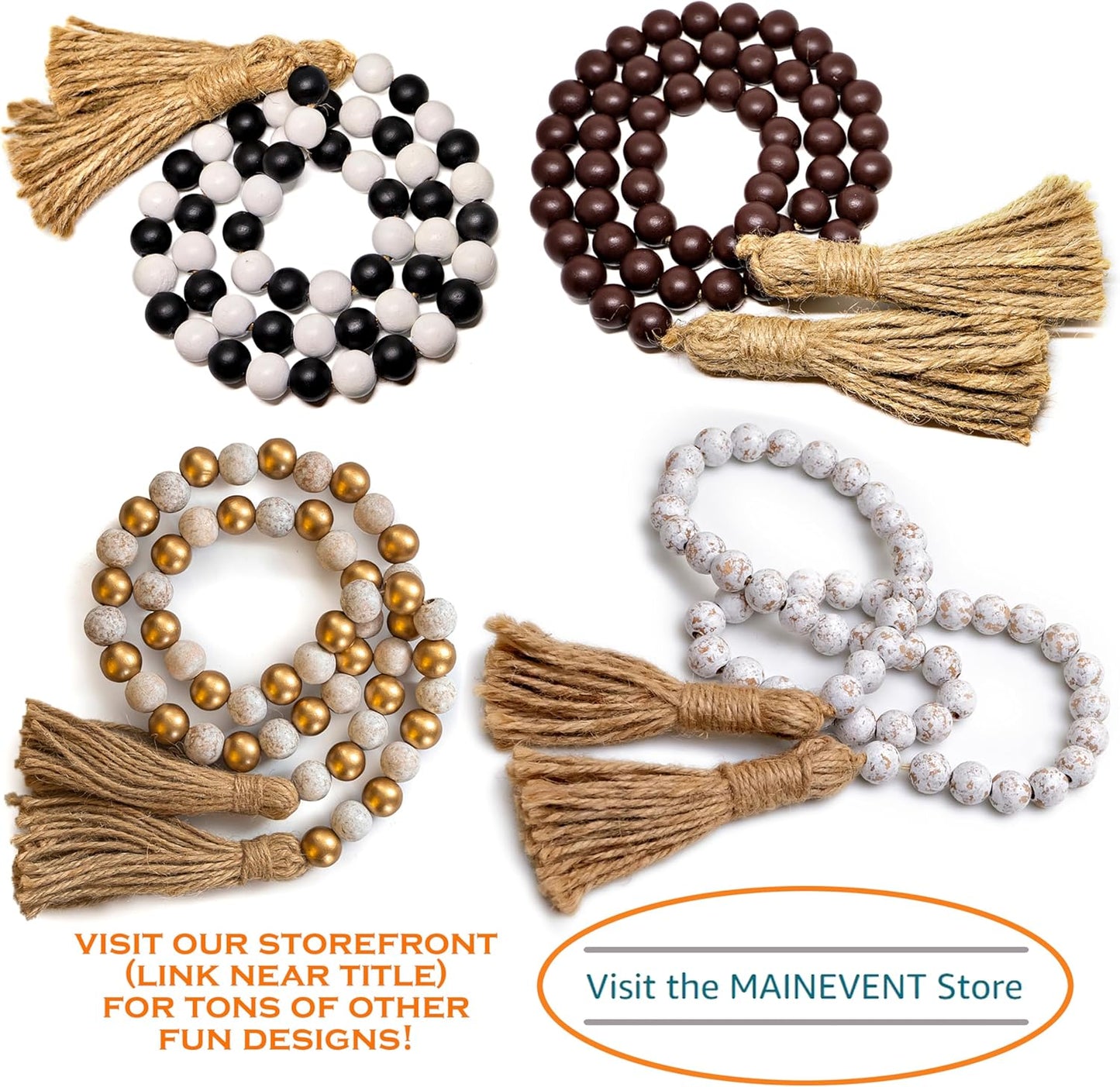 Farmhouse Wood Bead Garland Home Decor, Natural Wooden Garland for Tiered Tray, Decorative Tassel for Tier Tray, Rustic Beads Centerpiece Boho Table Decor, Beaded Accent White Washed