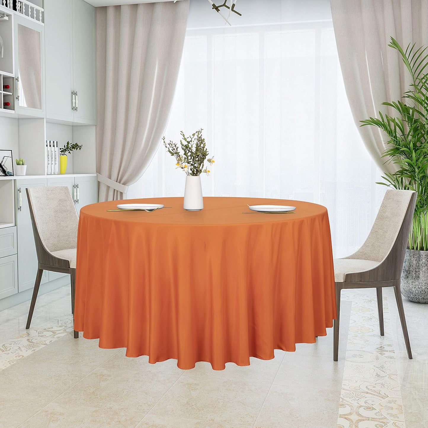 sancua Round Tablecloth - 120 Inch - Water Resistant Spill Proof Washable Polyester Table Cloth Decorative Fabric Table Cover for Dining Tables, Buffet Parties and Camping, Orange