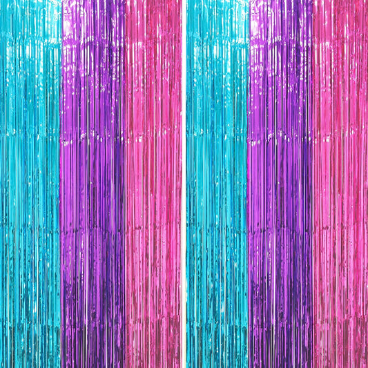 2 Pack Blue Purple Pink Foil Fringe Backdrop Curtains, Tinsel Streamers Party Decorations, Fringe Backdrop, Door Shimmer for Mermaid or Birthday Party