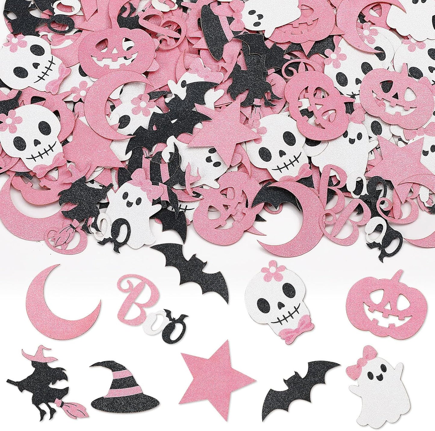 MARFOREVER Pink Halloween Confetti Glitter, Halloween BOO Witch Bat Pumpkin Ghost SkeletonTable Scatter Confetti Sprinkles for Halloween Birthday Party Supplies Decorations