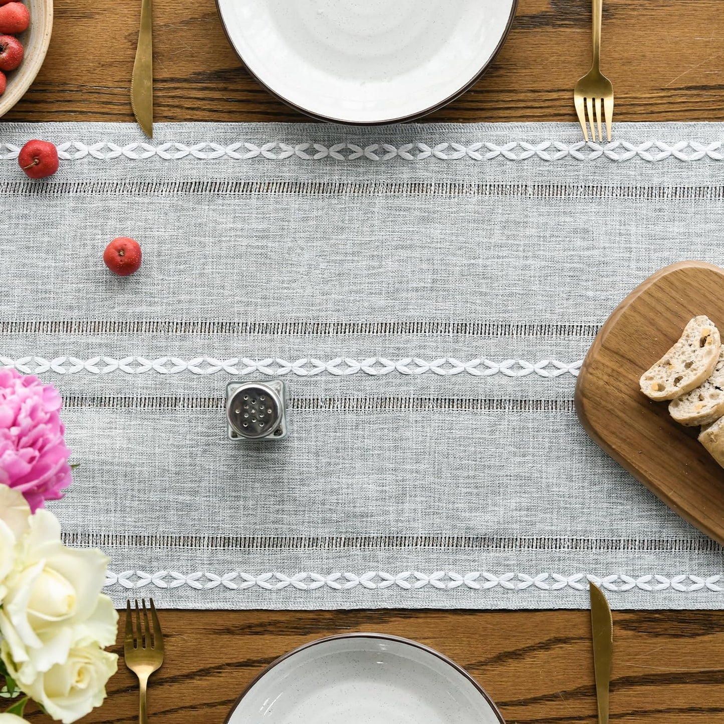 Artoid Mode Grey Rustic Cotton Linen Table Runner, Seasonal Embroidered Hollow Kitchen Dining Table Decoration for Home Party Decor 13x72 Inch
