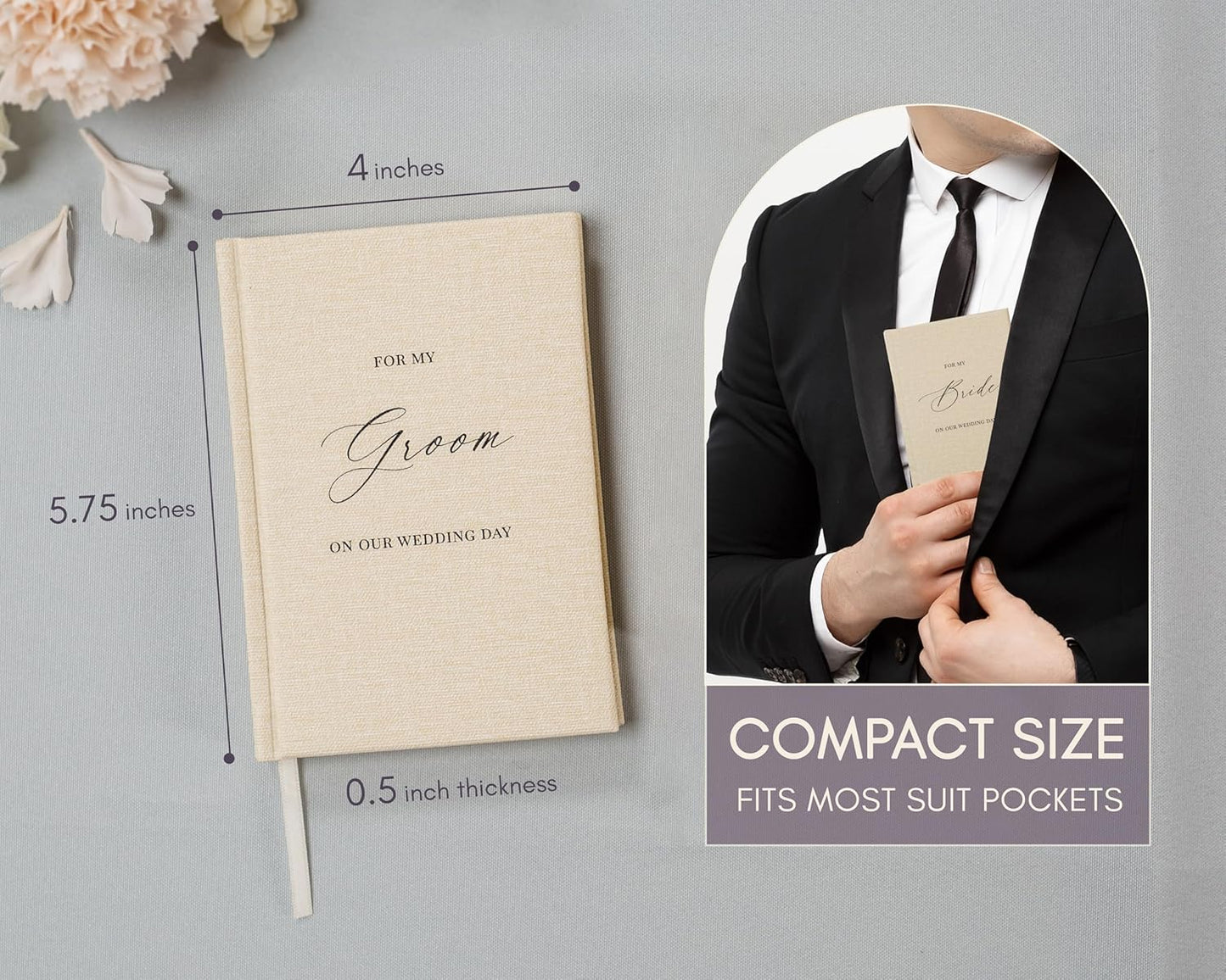 For my Groom/Bride Hard Cover Vow Books (Set of 2) - 5.75 x 5 Minimalist Pocket Sized Black Embossed Wedding Ceremony Vow Renewal Speech Notebook