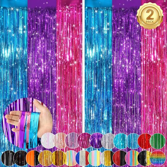 Rainbow Fringe Curtain Party Streamers 2Pack 3.3x8.3 Ft Foil Fringe Backdrop Curtains for Birthday Wedding Bridal Baby Shower Holiday Tinsel Streamers Rainbow Party Decorations Door Streamer