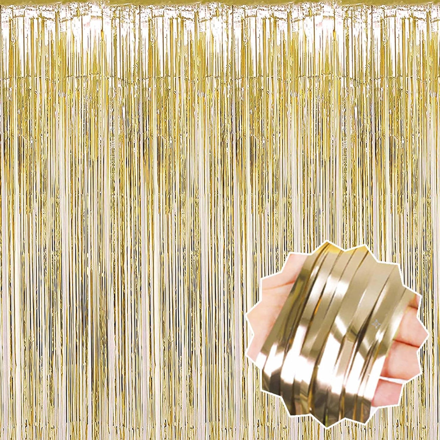 3 Pack Light Gold Foil Fringe Curtains Backdrop, 3.28 x 9.8 Ft Metallic Streamers Tinsel Curtains Background for Photo Booth, Birthday, Halloween, Christmas, Thanksgiving, New Year Party Decorations