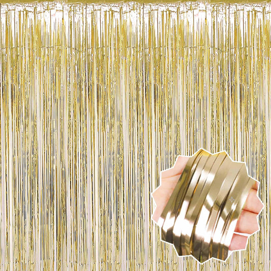 3 Pack Light Gold Foil Fringe Curtains Backdrop, 3.28 x 9.8 Ft Metallic Streamers Tinsel Curtains Background for Photo Booth, Birthday, Halloween, Christmas, Thanksgiving, New Year Party Decorations