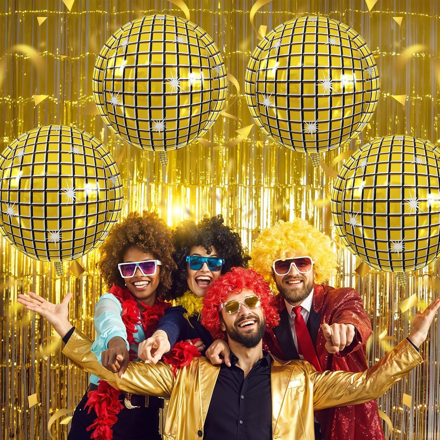 Disco Ball Balloons 4PC,Foil Disco Balloons 22 Inch 4D Round Metallic Gold Balloon for 70s 80s Birthday Bachelorette Graduation Gold Decorations