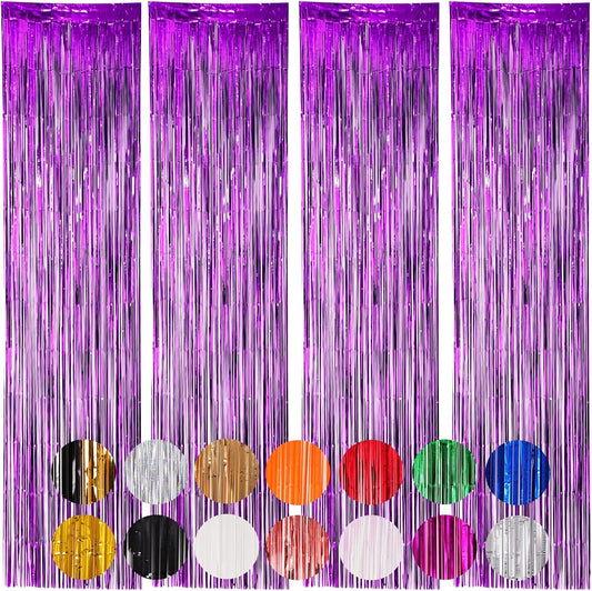 4 Pack Purple Foil Fringe Backdrop Curtains, Tinsel Streamers Birthday Party Decorations, Fringe Backdrop for Graduation, Baby Shower, Gender Reveal, Disco Party