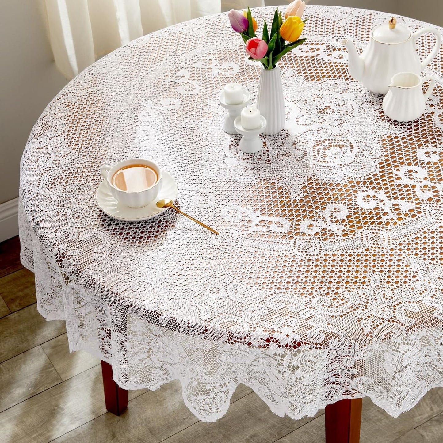 Juvale Round Lace Tablecloth - 59-Inch White Polyester - Scalloped Edge Circle Tablecloth with Floral Overlay & Vintage Decor for Wedding Receptions & Home (Pack of 2)