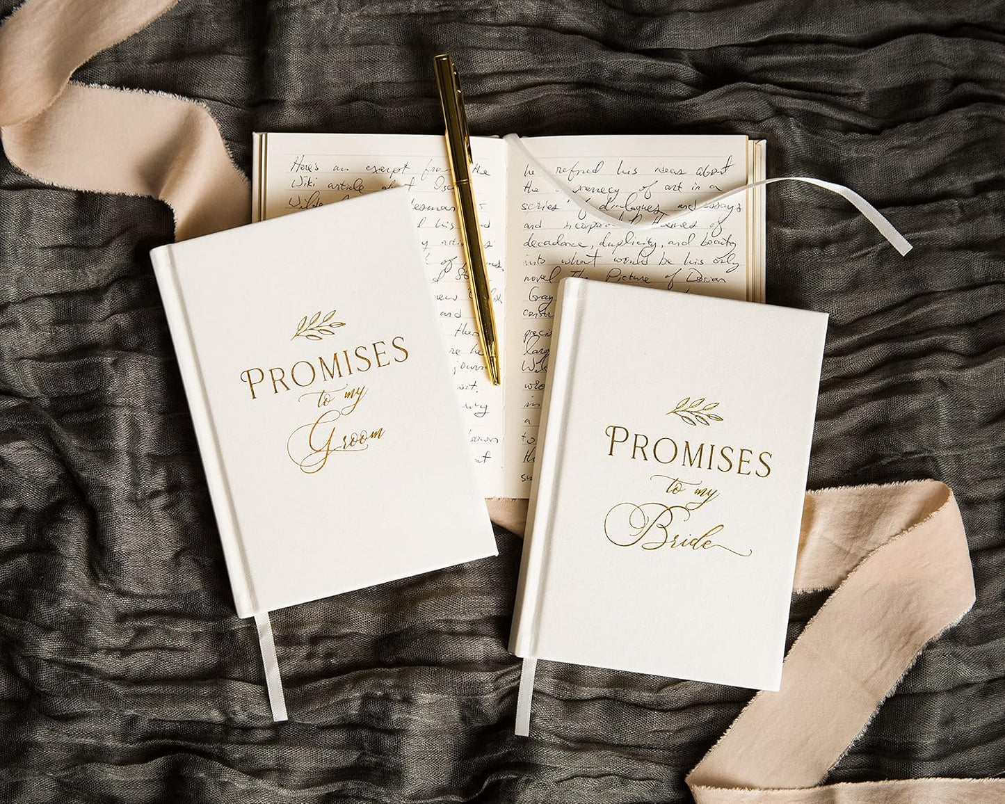 MUUJEE Promises To My Groom and Promises to My Bride Wedding Vow Books (Set of 2) - White Gold Foil Embossed Notebook Journal for Wedding Ceremony Vow Renewal - Wedding Gift Ideas