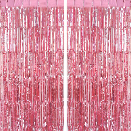 CHRORINE 2pcs 3ft x 8.3ft Pink Tinsel Foil Fringe Curtains Streamers Backdrop for Pink Party Birthday Wedding Bachelorette Baby Shower Bridal Shower Decorations
