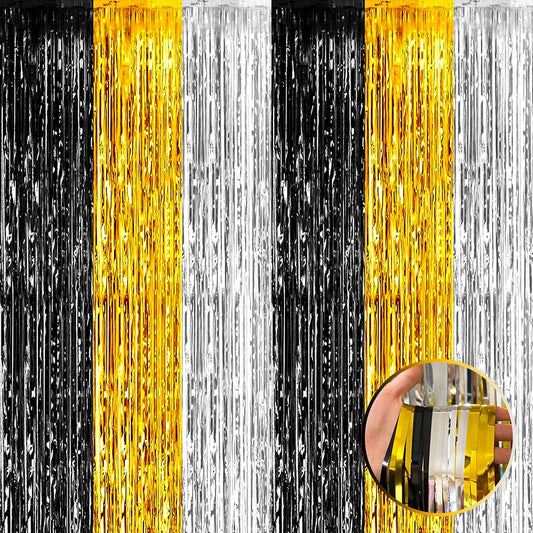 4 Pack Black Gold Silver Foil Fringe Curtain Backdrop, 3.28Ft x 9.8Ft Metallic Tinsel Foil Fringe Streamers for Photo Booth, Wedding, Notorious One Birthday Roaring 20s Graduation Party Decoration