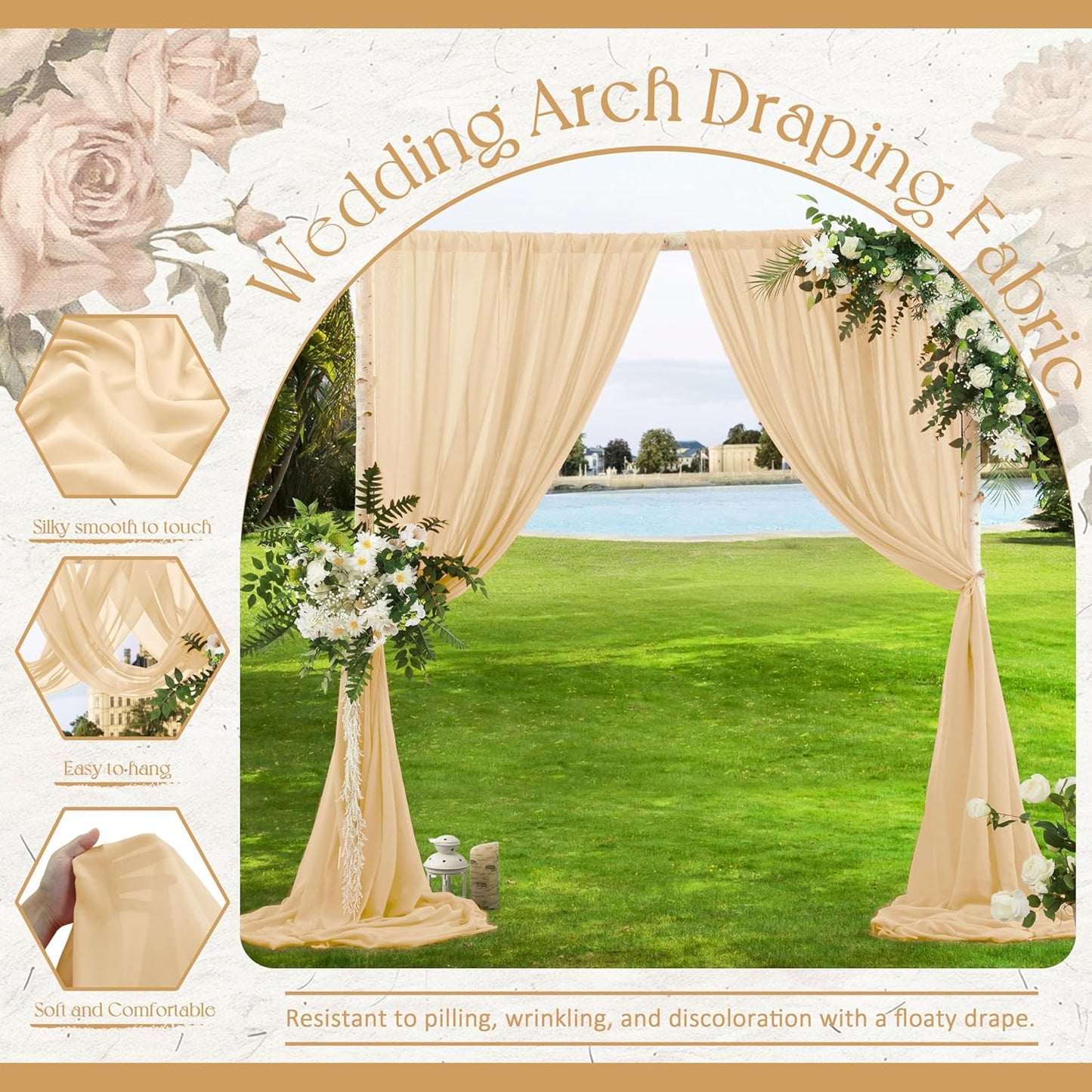 VACVELT Wedding Arch Draping Fabric Champagne Chiffon, 2 Panels Sheer Drapes 30 Inch x 20ft Chiffon Backdrop Curtain Decor, Outdoor Sheer Drapery for Ceremony Party Ceiling