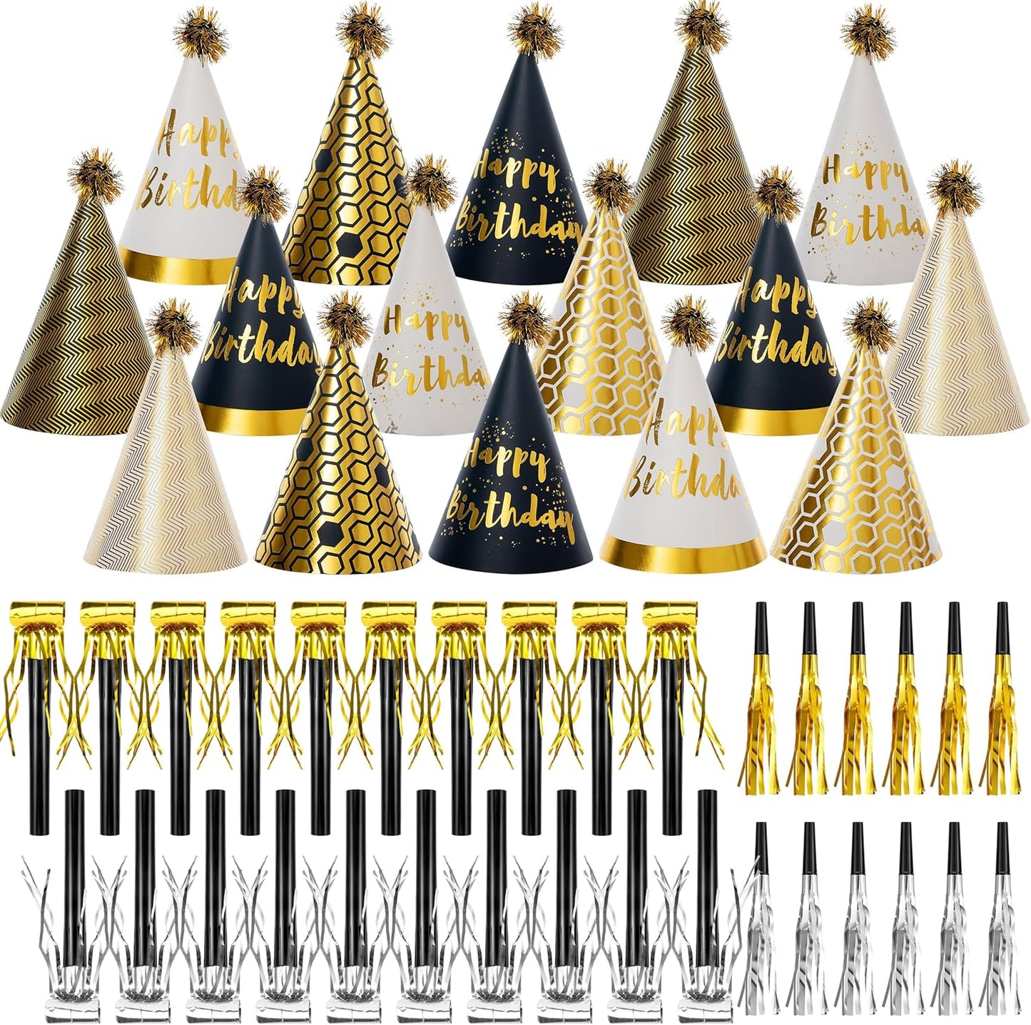 48 Pcs Gold Birthday Party Hats Gold Cone Hats Includes 16 Birthday Paper Hats and 32 Noise Makers