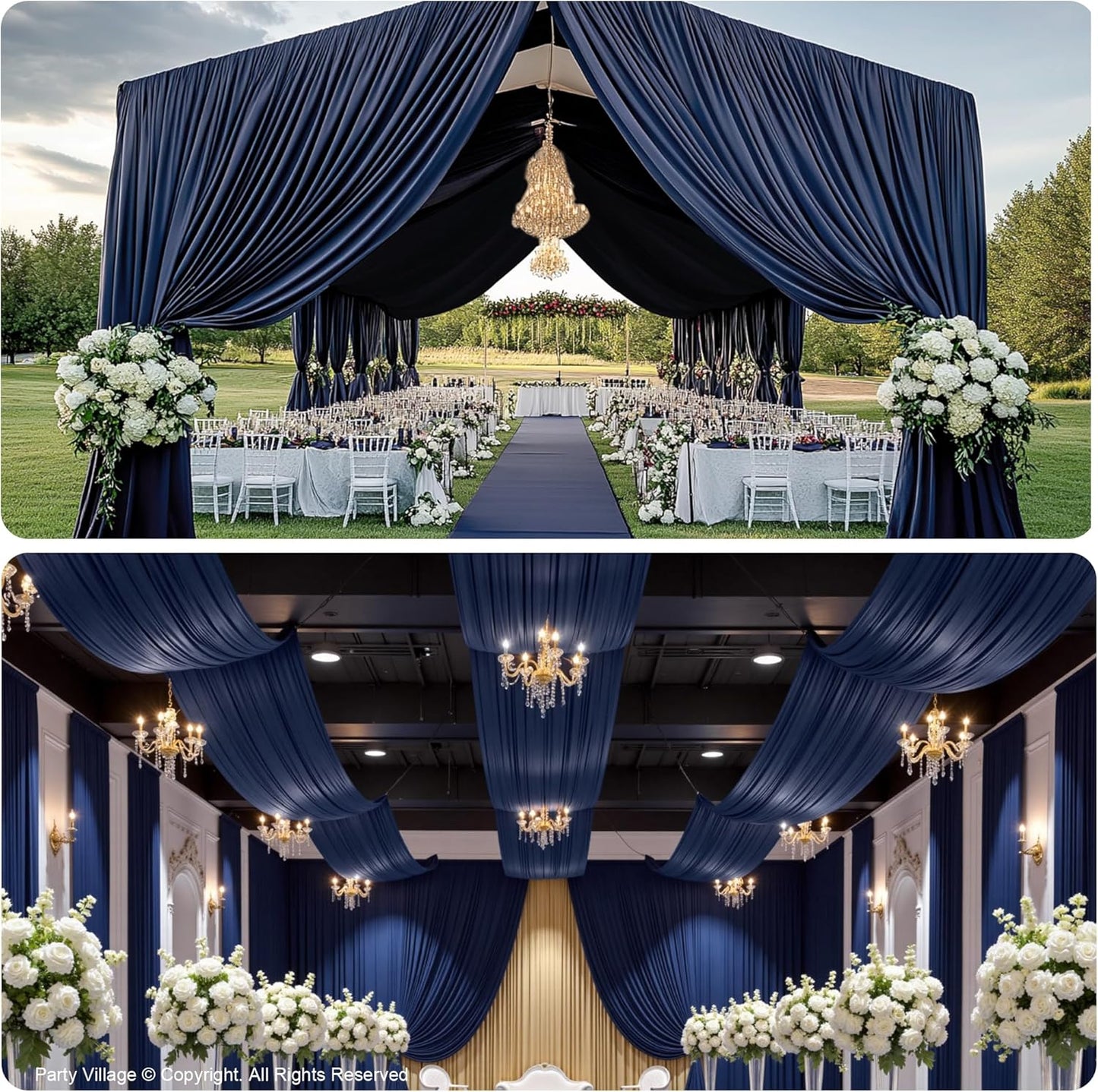 PartyVillage 20ftx40ft Navy Blue Ceiling Curtain for Wedding Parties – 4 Panels Wrinkle-Free 40 FT Long Tent Draping Curtains for Wedding, Birthday & Theme Parties, 40ft Height with Rod Pocket