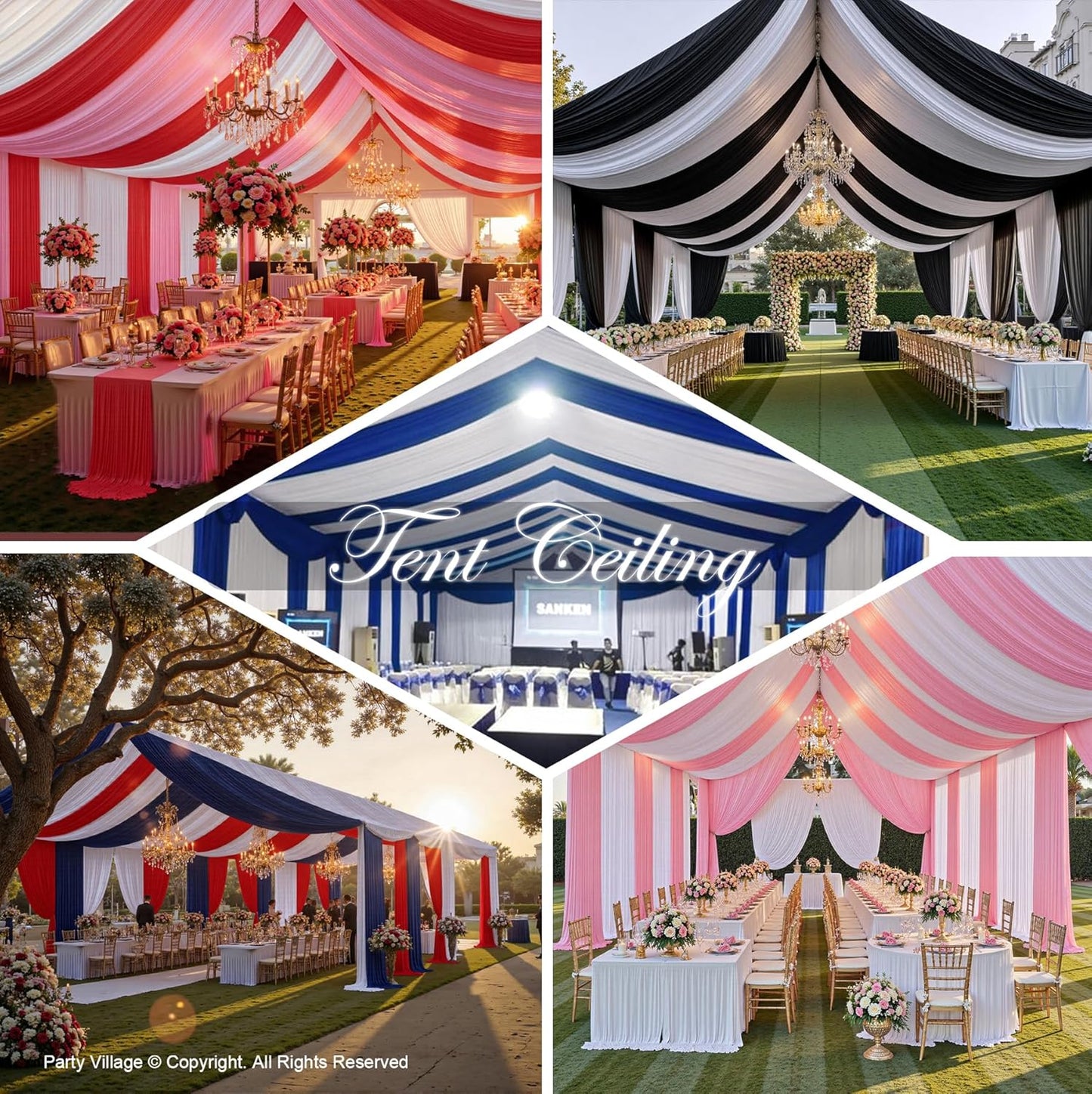 PartyVillage 12 Panels 5ftx30ft White Ceiling Drapes for Wedding Parties – 30 FT Extra Long Thick Polyester Wrinkle-Free Drapery Tent Decor Decorations for Birthday Party Ceremony Stage Swag