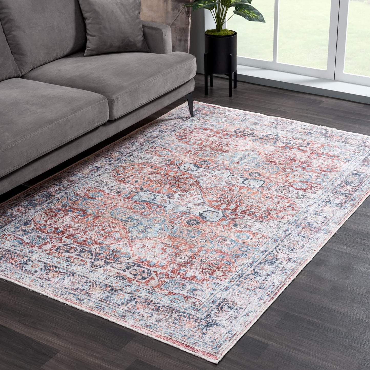 Bloom Rugs Caria Washable Non-Slip 5x7 Rug - Brick/Dark Blue Traditional Area Rug for Living Room, Bedroom, Dining Room, and Kitchen - Exact Size: 5' x 7'
