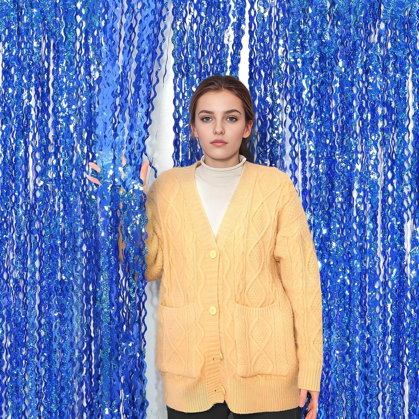 4 Pack 3.3 ft x 6.6 Wavy Sparkle Dark Blue Foil Fringe Backdrop Curtain - Navy Blue Streamer Backdrop Tinsel Curtains for Door Streamers Ocean Birthday Party Decorations Disco Party