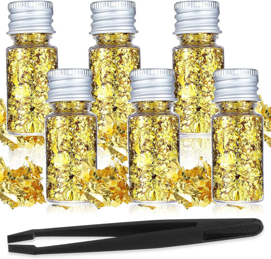 6Pcs Decorative Gold Leaf, Multifunction Gold Leaf Cake Decoration Baking Foil Decor for Cooking Dessert Steak Decoration Crafts Makeup Leaves with Plastic Tweezers