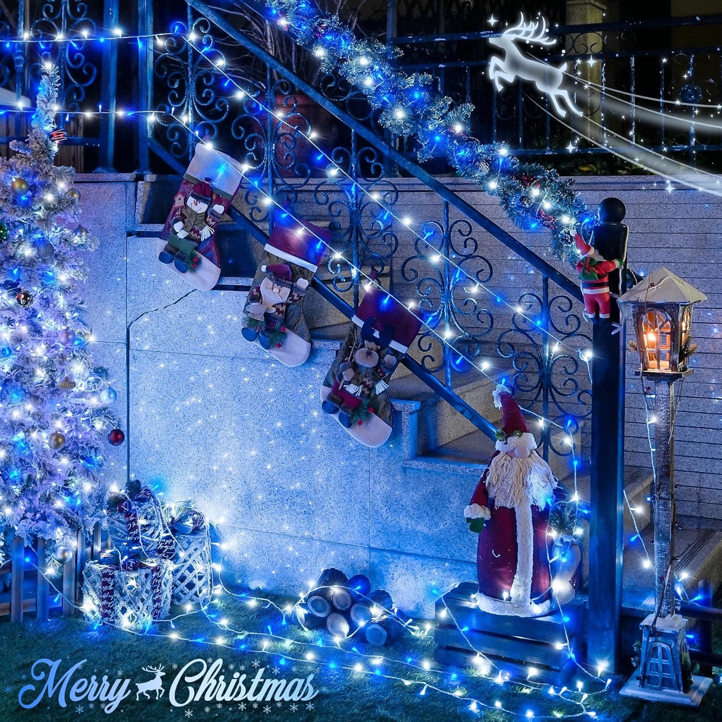 JMEXSUSS 500 LED Blue and White Christmas Lights, 8 Modes 163ft String Lights Plug in with Remote Control, Clear Wire Christmas String Lights Outdoor Waterproof for Outside Tree Yard Wedding