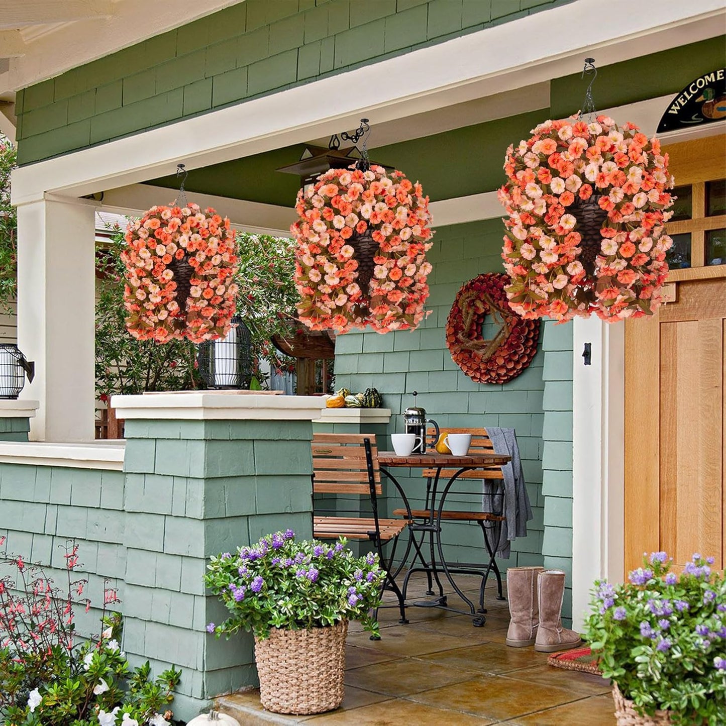 Artificial Fake Fall Hanging Flowers Plants Basket for Outdoor Autumn Decoration, Faux Silk Morning Glory Long Vines Realistic UV Resistant for Outside Home Porch Garden (Fall Orange+Light Orange)