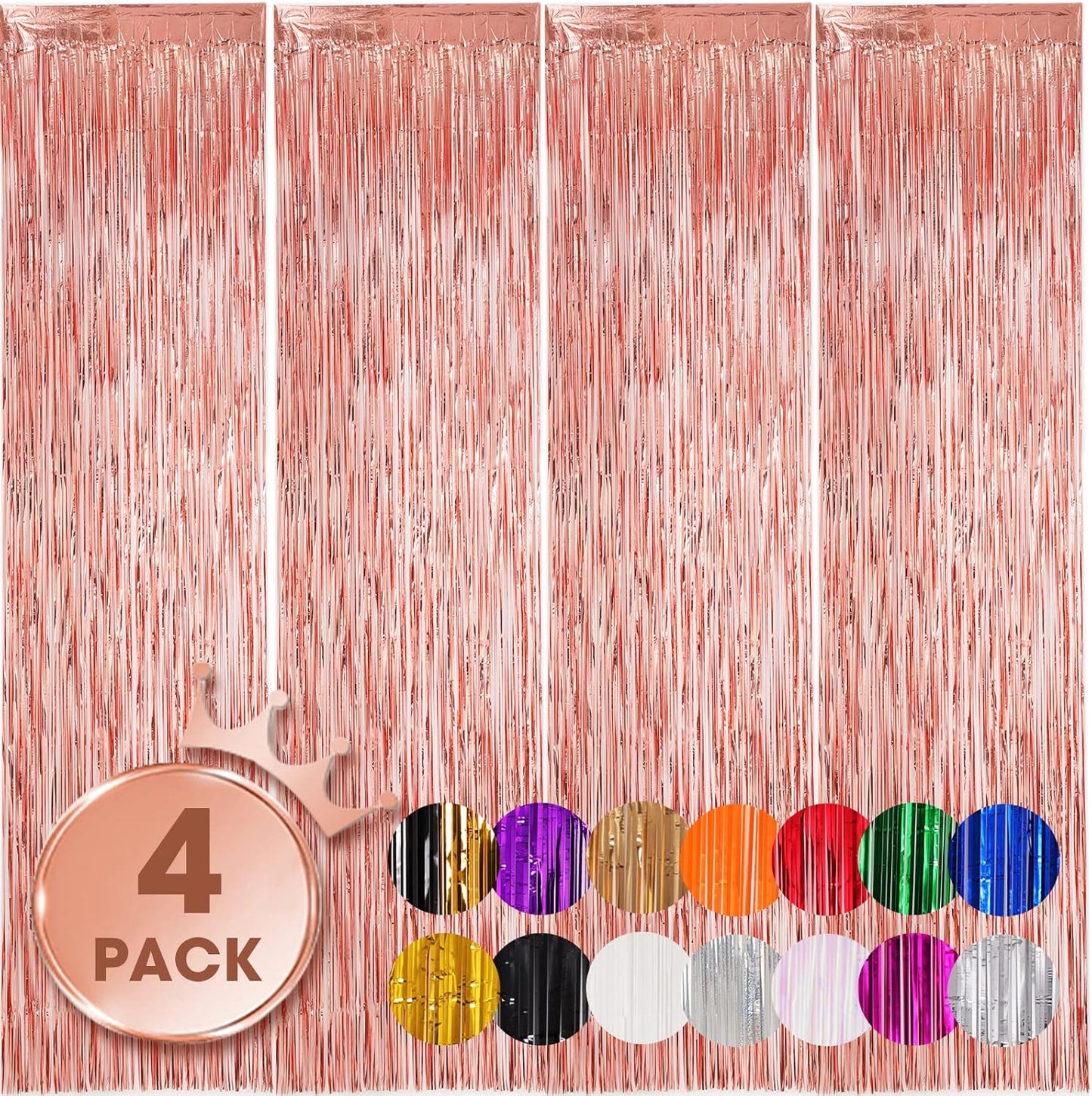 4 Pack Rose Gold Foil Fringe Backdrop Curtains, Tinsel Streamers Birthday Party Decorations, Fringe Backdrop for Graduation, Baby Shower, Gender Reveal, Disco Party