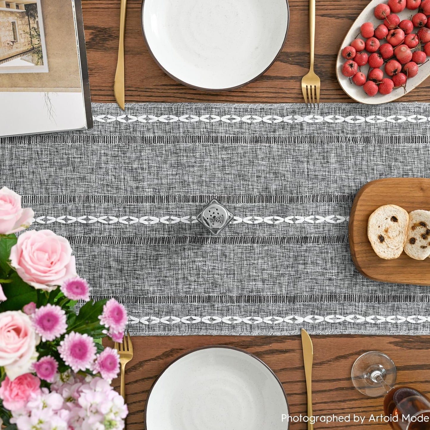 Artoid Mode Dark Grey Rustic Cotton Linen Table Runner, Seasonal Embroidered Hollow Kitchen Dining Table Decoration for Home Party Decor 13x60 Inch