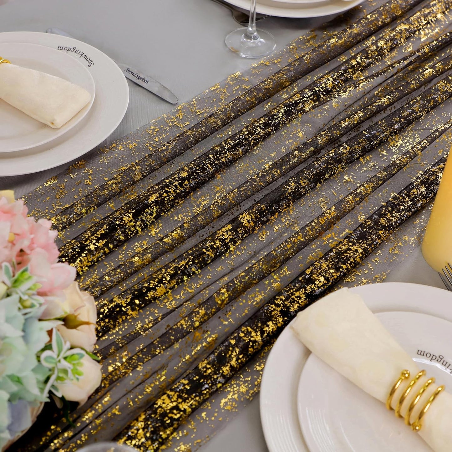 Snowkingdom 6 Pcs Black & Gold Cheesecloth Table Runner 10 FT, Sheer Chiffon Sparkle Gauze Mesh Runners 120 Inch, Glitter Table Centerpieces Decoration for Birthday Party Wedding Christmas Halloween